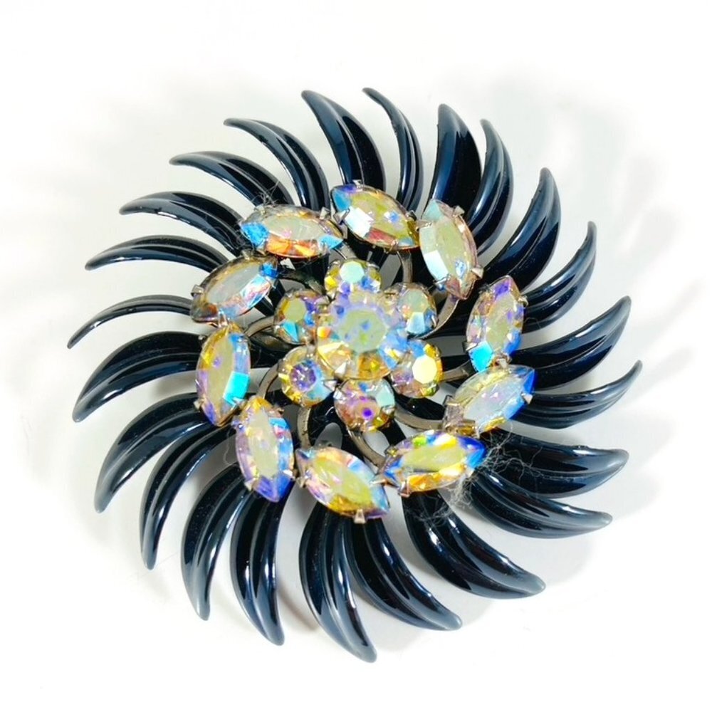 Stunning vintage black enamel and Aurora Borealis crystal Brooch 50's 60s'
